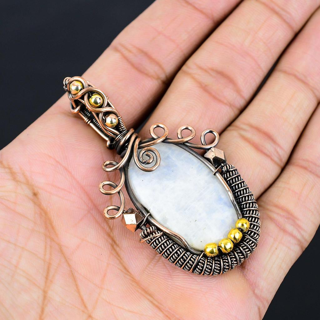 Unique Moonstone Gemstone Pure Copper Wire Wrapped Handmade Pendant Jewelry
