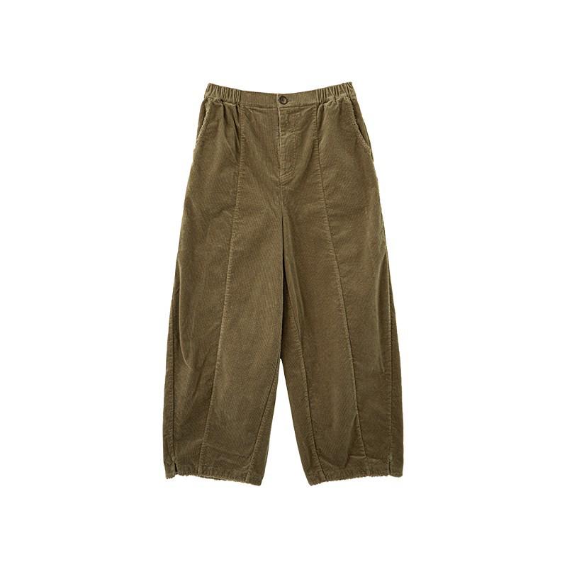 2024 Autumn/Winter Retro Earth Tone Corduroy Carrot Pants with Fur Trim and Elastic Waist