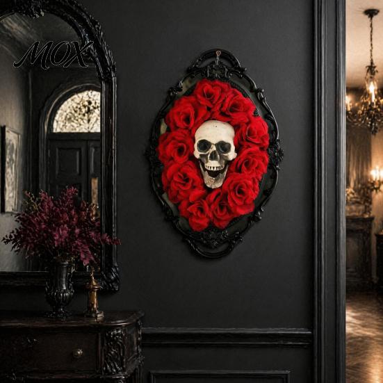Decorative Gothic Skull Frame Halloween Wall Decoration, Vintage Red Rose Sculpture, Artistic Decor with Roses Horror Spider Web Art Ornament