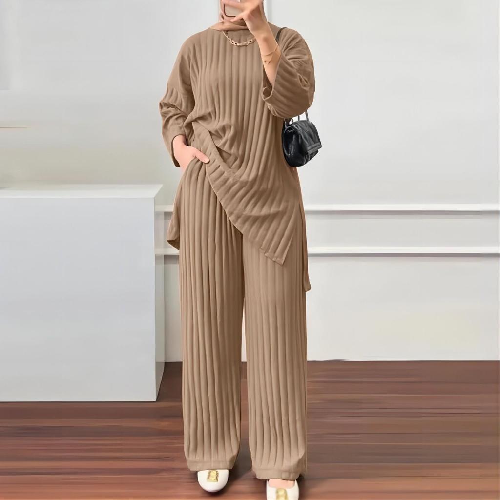 2023 Autumn/Winter Women's Long-Sleeve Top & Wide-Leg Pants Solid Color 2-Piece Casual Sportswear Set
