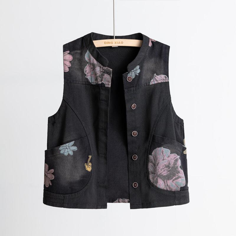 Vest for Women Cotton Sleeveless Tops Knitted Denim Vest Vest Oversize Thickened Down Prints Casual Buttons Vest