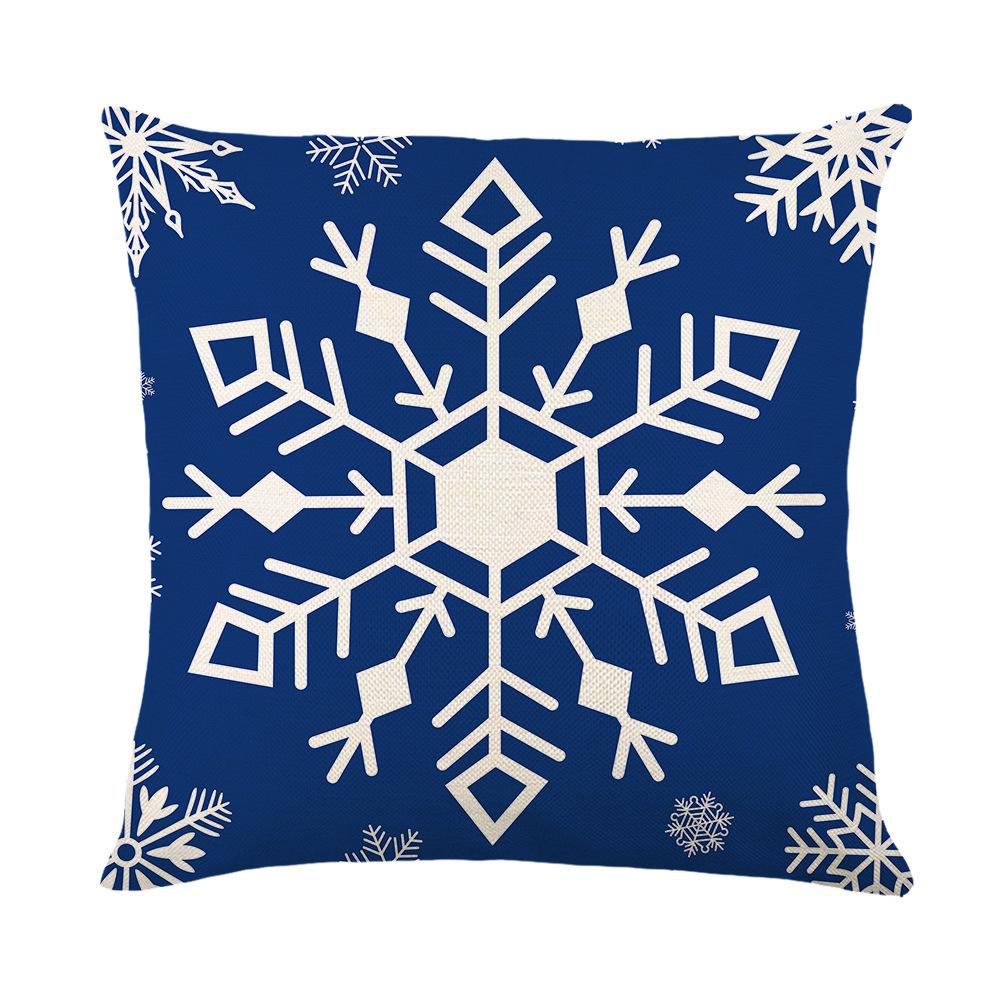 Blue Christmas Ornament Cushion Cover Printed Bear Snowflake Elk Santa Claus Tree Merry Christmas Lettering Linen Pillowcase