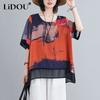 Summer New Oversize Chiffon Shirt Women Round Neck Short Sleeve Vintage Printing Pullovers Female Loose Casual Lace Tops