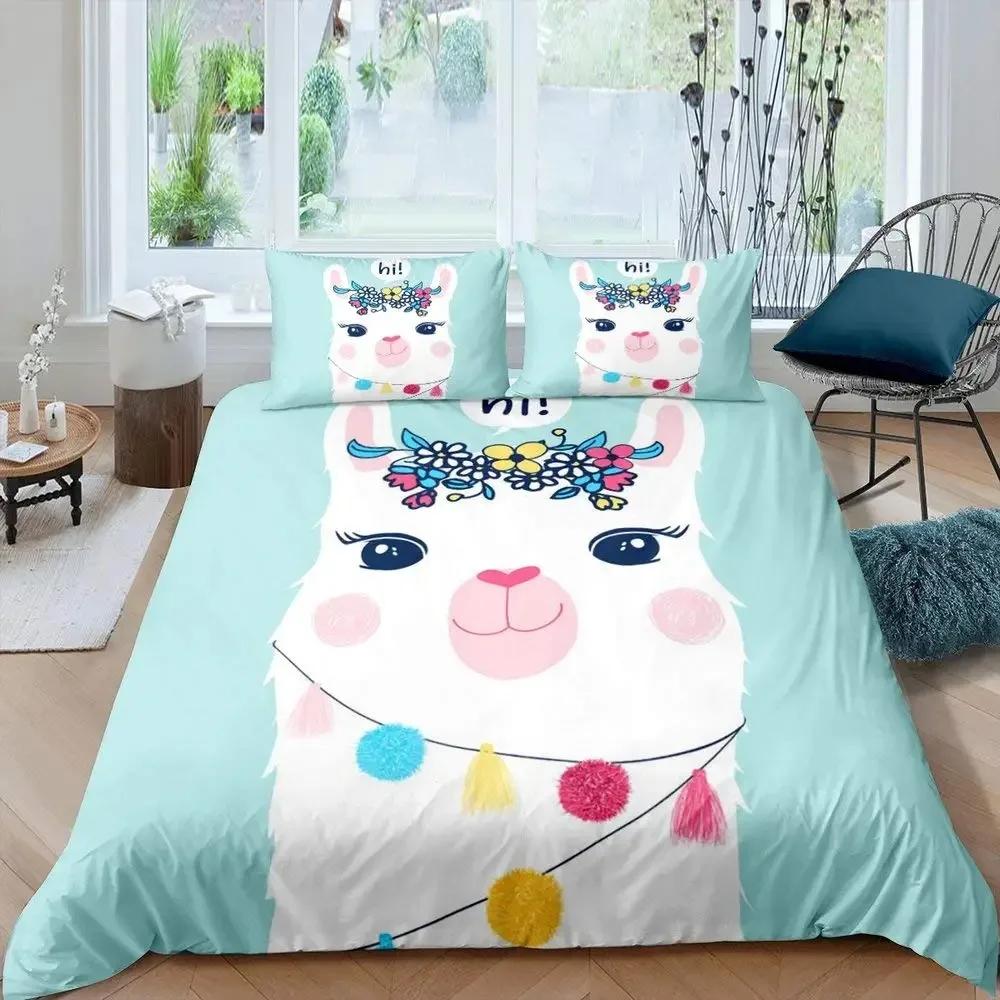 Cute Cartoon Alpaca Llama Cactus Print Duvet Cover Set Full Size, Alpaca Bedding Set Botanical Animal Comforter Cover,Multicolor