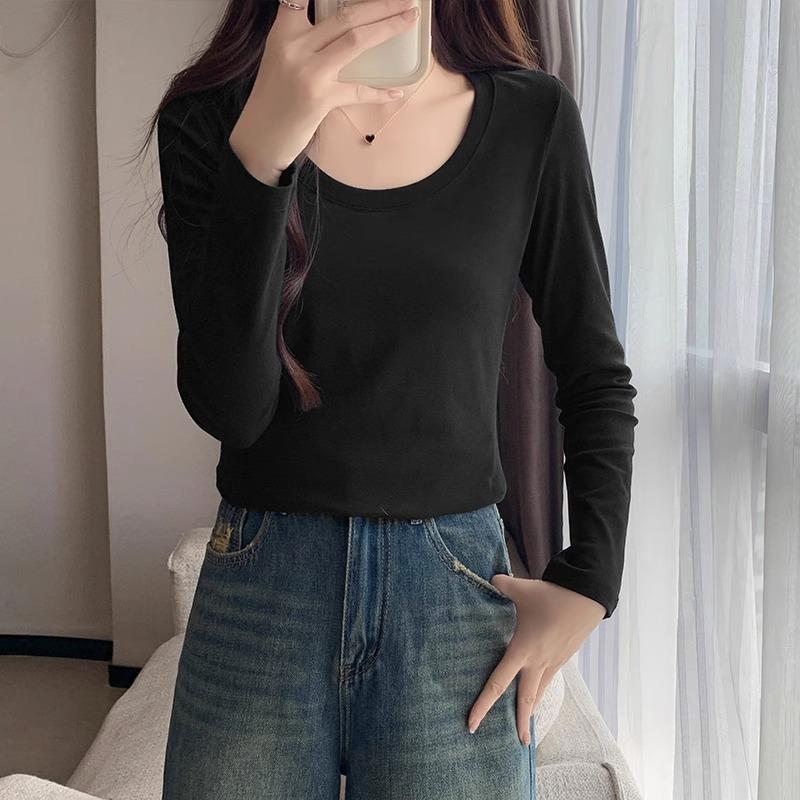 Футболка из чистого хлопка, женская, осень-зима, новый U-образный воротник, правое плечо, облегающий крой, стиль pure lust, базовый топ с длинными рукавами