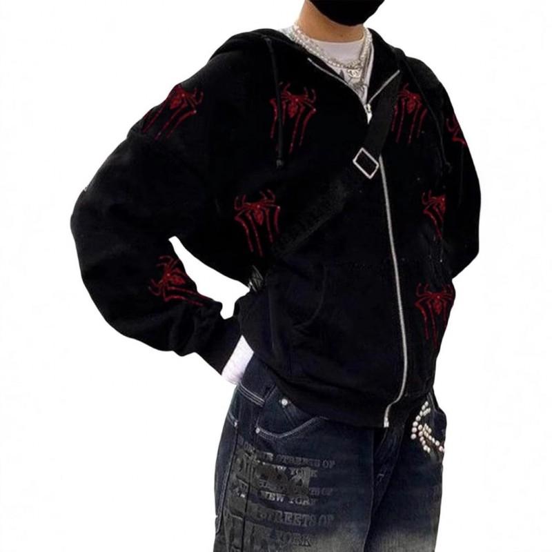 Gothic Spider Rhinestone Embellished Hooded Zip-Up Sweatshirt Loose Fit Streetwear Women