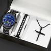 3pcs/set 1pc Men's Fashion Calendar Business Stainless Steel Quartz Watch & 1pc Bracelet & 1pc Necklace, Men's Gifts
