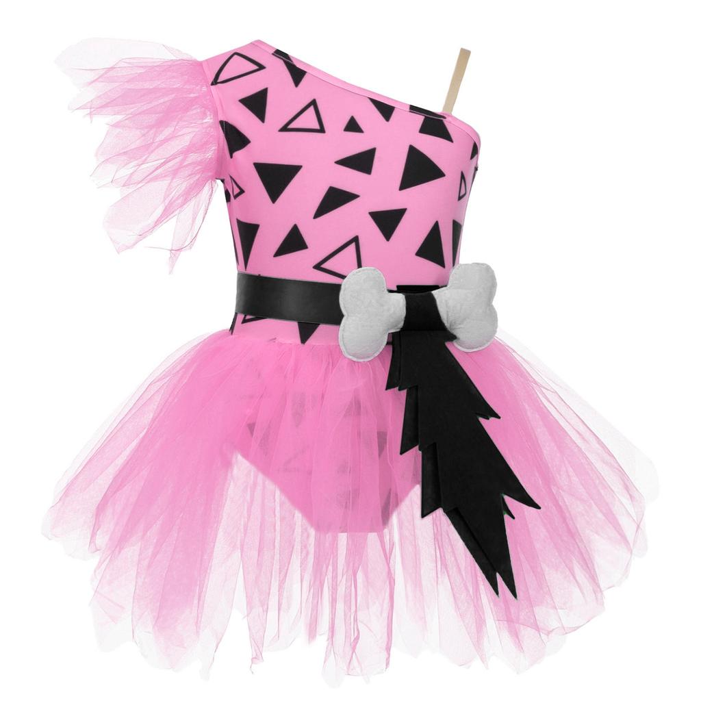 Girls Cavegirl Outfit Patchwork Tutu Dress Adjustable Strap Mesh Short Sleeve Built In Briefs 3D Bone Belt Prehistoric Costume