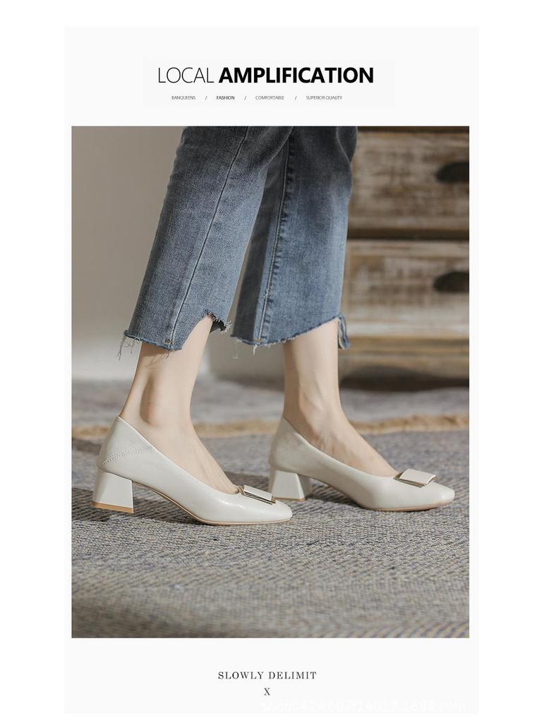 Jinfuli G500-5 Women's Chunky Mid-Heel Square-Toe Shoes, 5CM Height, 2024 Casual Versatile