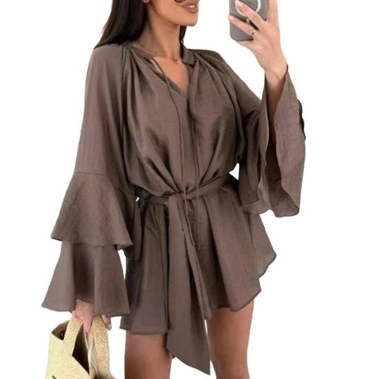 Женское летнее платье-рубашка с оборками, длинными рукавами, V-образным вырезом, короткое платье из шифона, А-силуэта, завязывающегося на талии, струящееся мини-платье