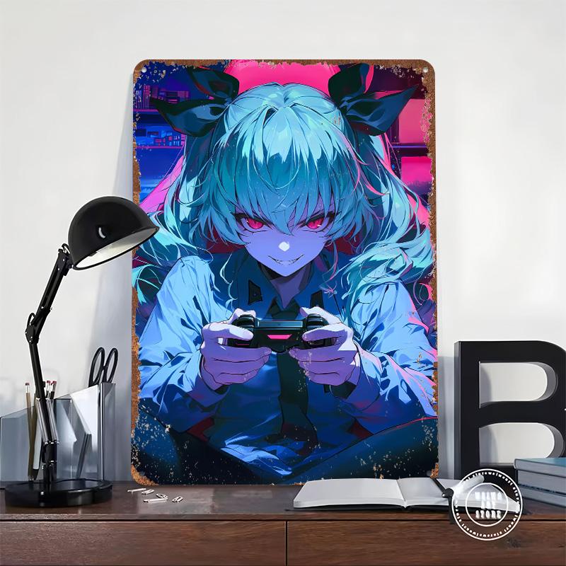 Anchovy Anime Gamer Girl Tinplate Poster Customized Wall Art Vintage Retro Metal Signs for Room Decoration Garage Decorations