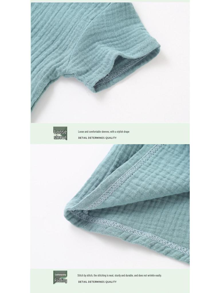 Детский летний комплект шорты и топ из хлопка и льна - Детская двухслойная марля, Свободный костюм-двойка в китайском стиле