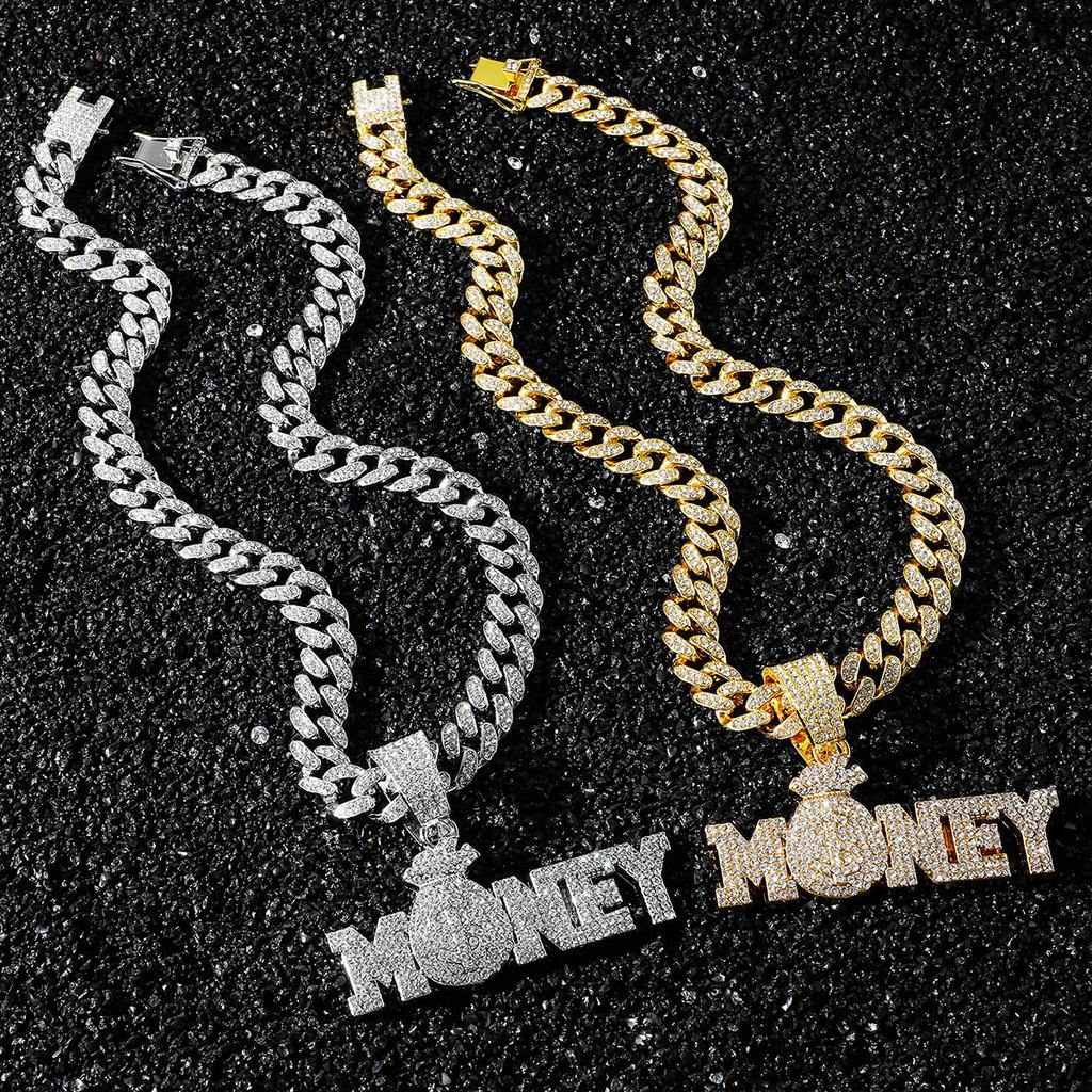 Full Diamond English MONEY Cuban Chain, Chain Hip Hop Style Personality Pendant Necklace