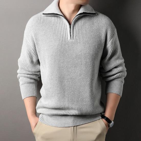 Men Fall Winter Sweater Lapel Loose Half Zipper Long Sleeves Mid Length Solid
