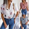 Women Summer Short Sleeve Lapel Feather Printed Casual Office Shirt Blouse Top