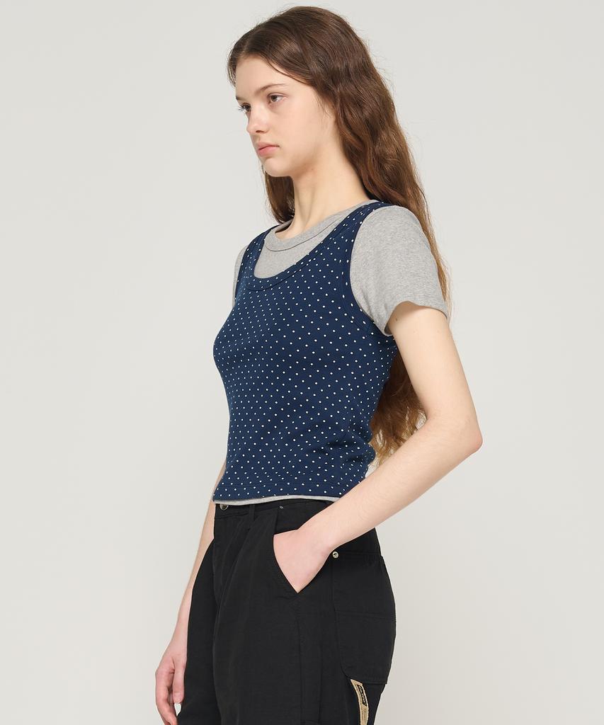 CARGOBROS FOR WOMAN Dot Layered Set Short Sleeve T-Shirt (Navy/Gray)