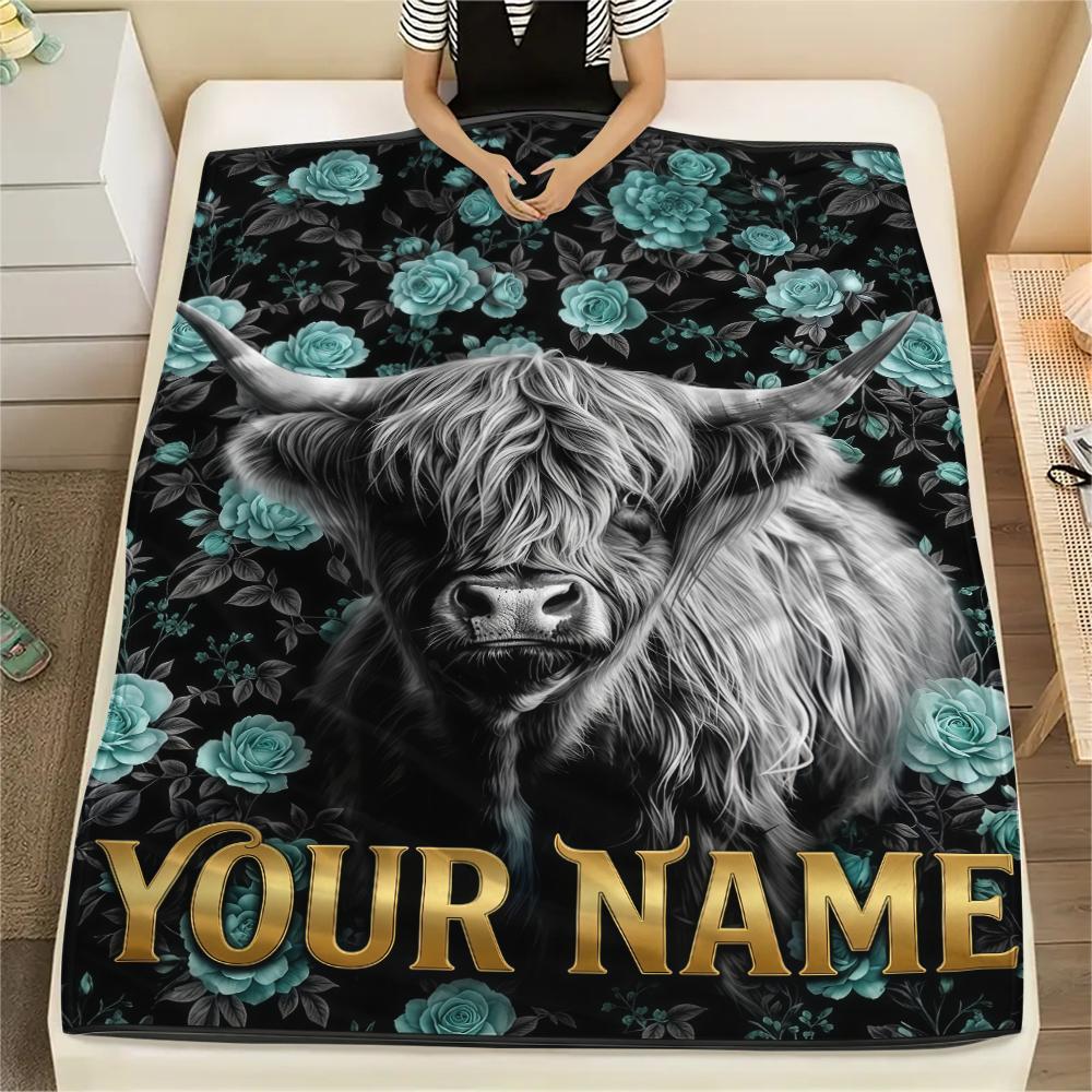 1PC Custom Name Cow Flowers Art Patterned Flannel Blanket Suitable For All Seasons for Home Decor Warmth and Comfort Gifts Holiday Present_lx