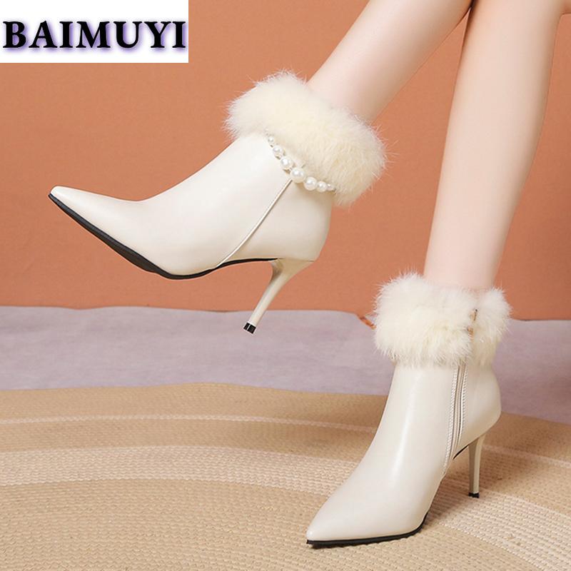 Туфли на высоком каблуке с заостренным носком и цепочкой из бисера, женская обувь, сексуальные меховые ботильоны, тренд 2025 года, новые дизайнерские сапоги на молнии, выпускные туфли-лодочки Mujer Botas