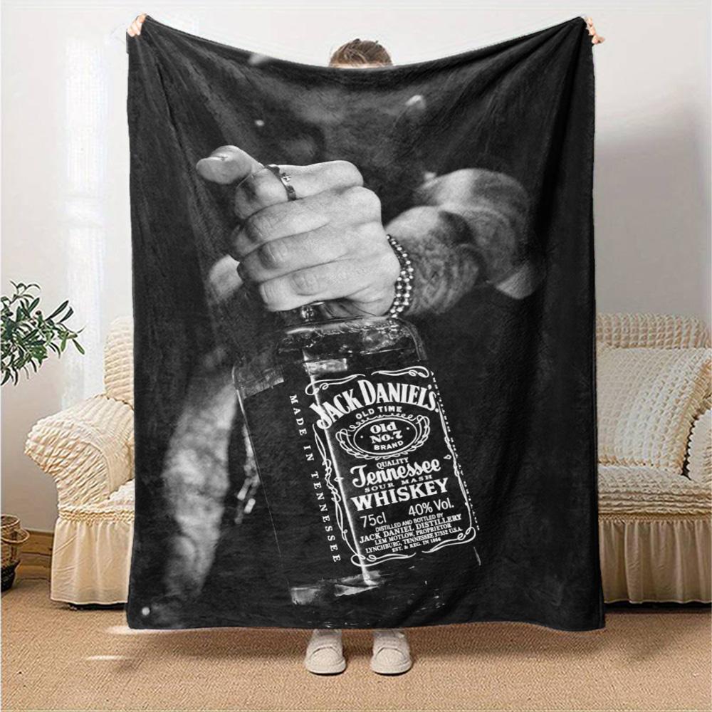 Black White Tattoo Hand Whiskey Bottle Graphic Flannel Blanket Dark Background Soft Throw Blanket Man Cave Bedroom Sofa Decor