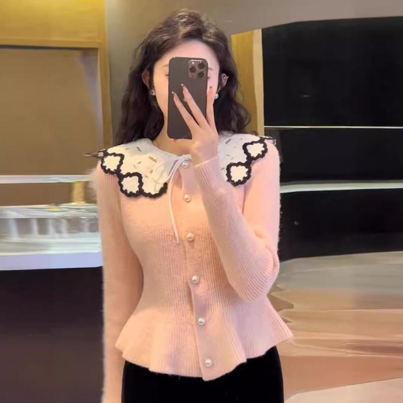 Spring and Autumn Lace Doll Collar Bright Silk Soft Waxy Knitted Cardigan Women's Waist Sweater Women's Top Cover