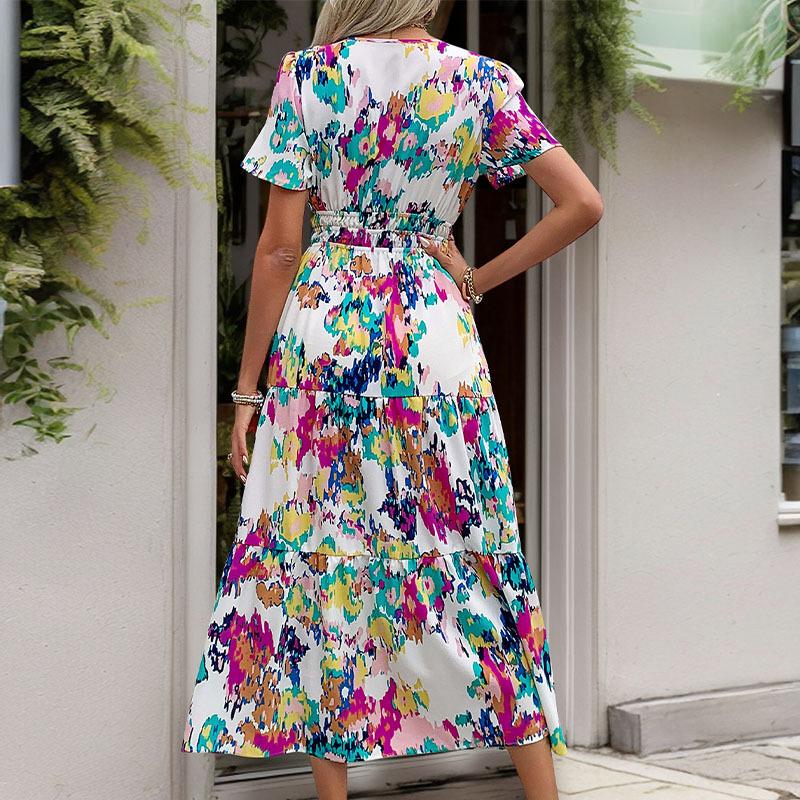 Summer Women's Dress Mid-Length Short Sleeve V-Neck Printed Dresses