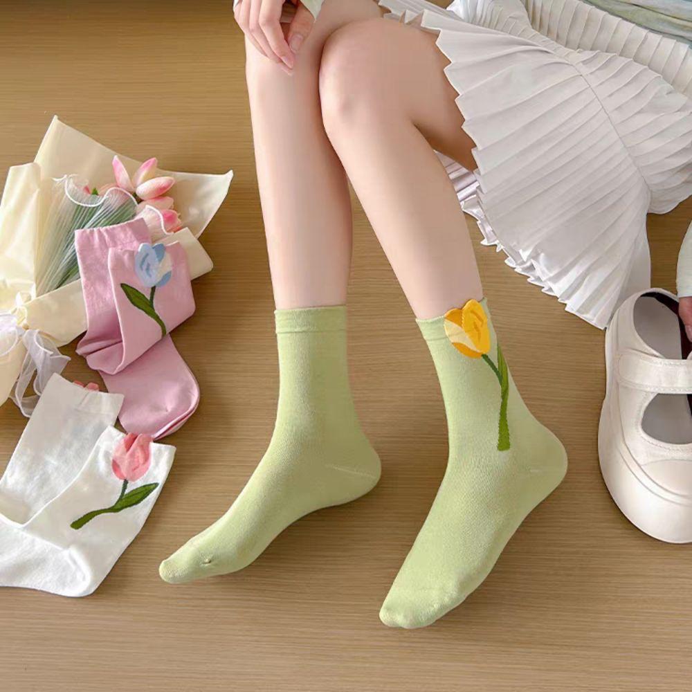 5Pairs Breathable Mid Tube Socks Thin Socks for Women Cute Tulip Flower Socks  Lady