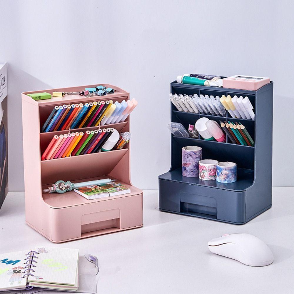 Solid Color Oblique Pen Holder 6-Grid Cosmetics Storage Box Desktop Storage Drawers School