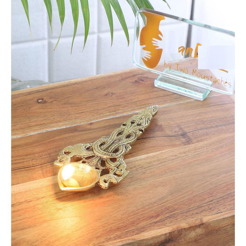 Twin Peacock Design Round Brass Pooja Aarti Spoon, Hawan Spoon for Pouring Ghee In Hawan Kund, Antique Yellow NEW