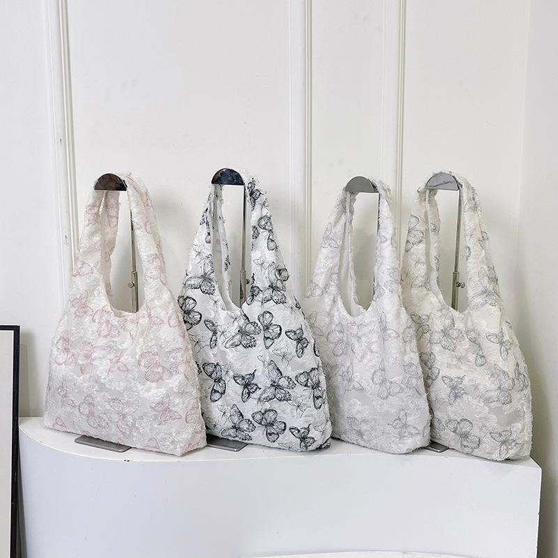 Lace Butterfly Canvas Bag Women's New Trendy Korean Style Literary Tote Bag Student Class Large Capacity Bag