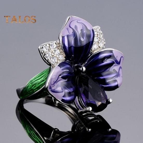 Женское кольцо 3D в форме цветка со стразами, декор из эмали, полированная медь, подарок на годовщину, свадьбу, банкет, коктейль, ювелирные изделия