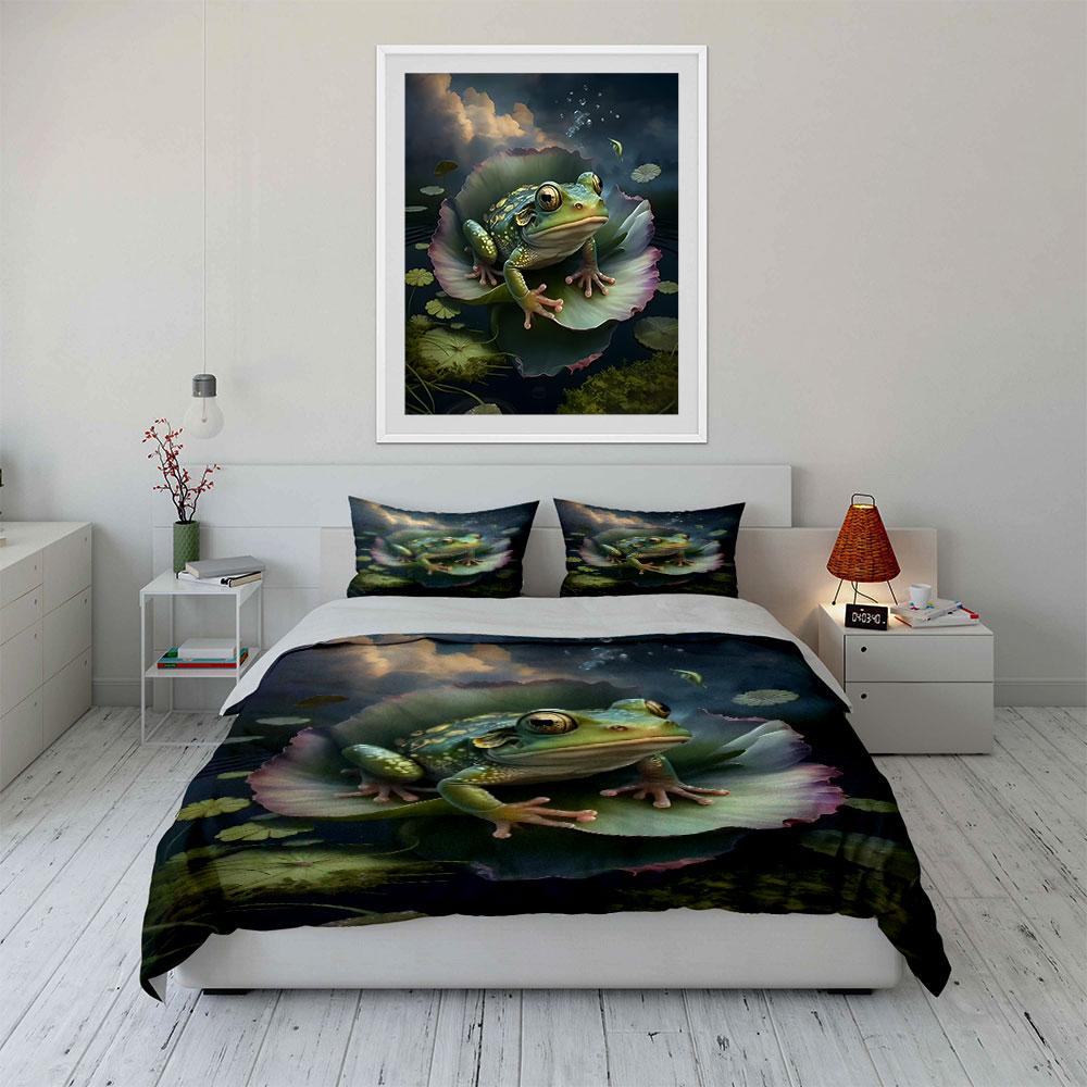 Frog resting on lotus leaf serene night Print Bedding Set 1 Duvet Cover 2 Pillowcases for Adult and Children Luxury Gift