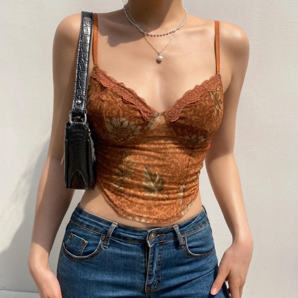 Slim Fit Lace Camisole Sexy Lace Splicing Tank Top Streetwear Lace Floral Camis Women's Wear