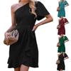 Women's Fashion Solid Color Single Side Sleeve Shoulder Ruffle Edge High Waist Mid Skirt