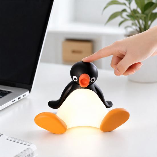 Cute Room Decor Penguin Night Light with Phone Stand, Touch Sensor Light, Dimmable Bedside Versatile Figurine USB Rechargeable Pat for Bedroom Nursery