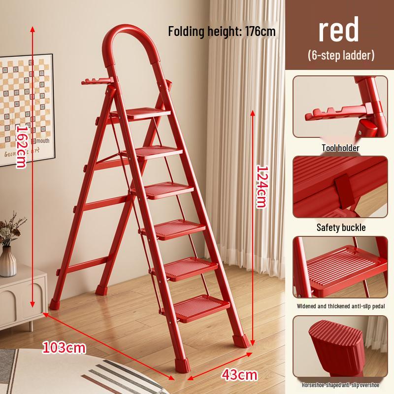 Red Festive Folding Telescopic A-Frame Ladder Stool: Indoor & Outdoor Use