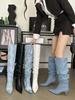 Fashion Sexy Women Over The Knee Boots Chelsea Booties Pointed Toe Blue Black White Denim Cloth Winter Dress Shoes Slip On Autumn Boots