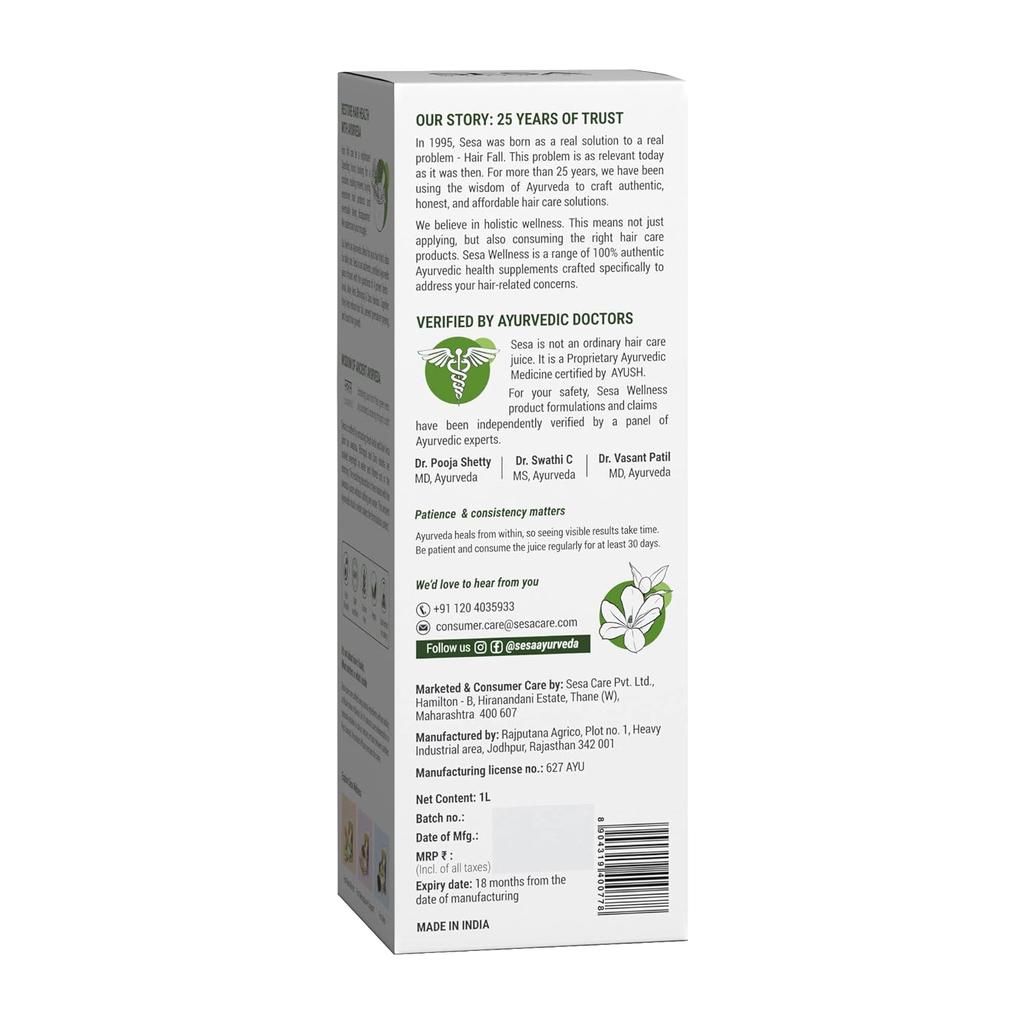 SESA Аюрведический сок для ухода за волосами для контроля выпадения и роста волос 1 л Упаковка из 1 Натуральный ежедневный напиток для сильных здоровых волос