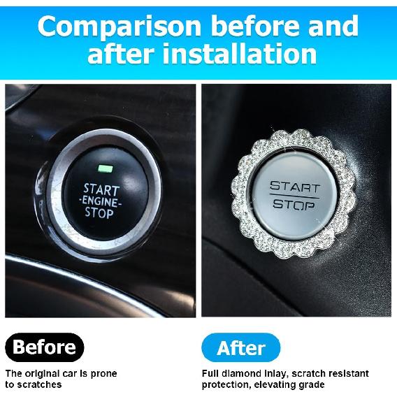 Bling Car Push to Start Button Sticker, Crystal Rhinestone Vehicle Engine Start Stop Ring Decal, Auto Interior Key Ignition Knob Ring Cover
