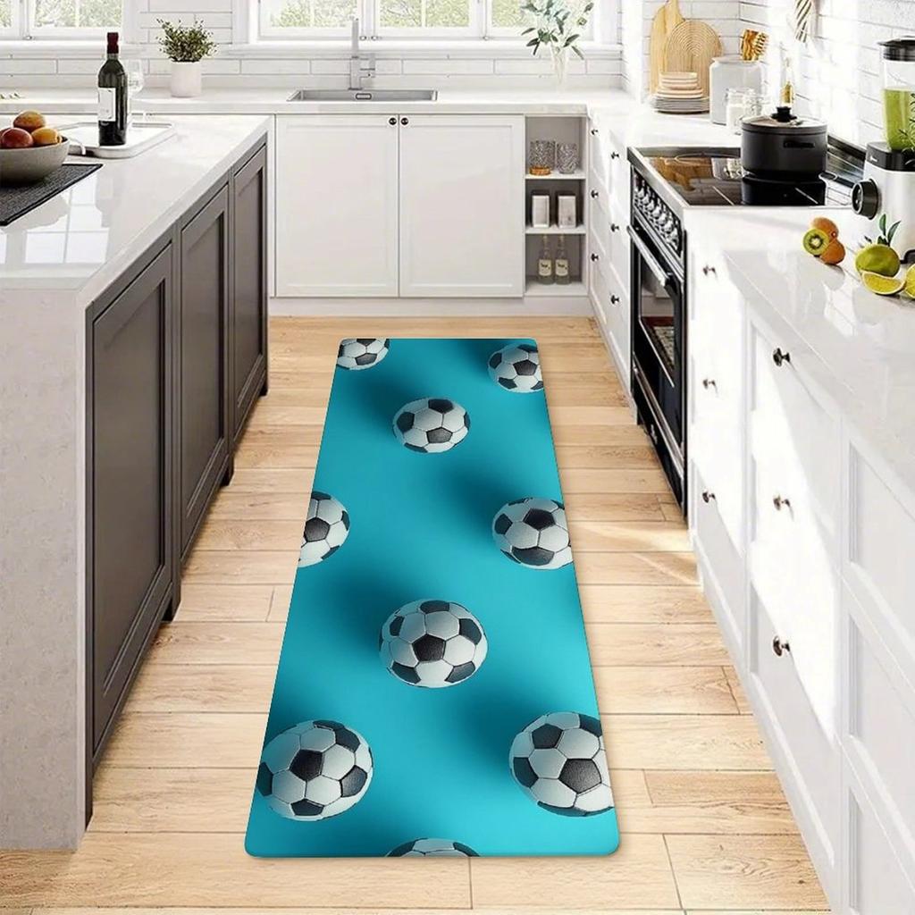 3D Soccer Ball Print Turquoise Kitchen Long Mat, Non-Slip Washable Durable Runner Rug for Kitchen, Bathroom, Laundry Room Decor