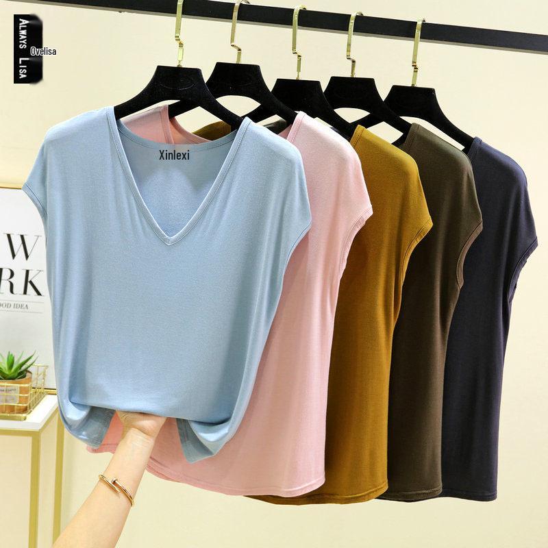 Women's Plus Size V-Neck Modal Tank Top - 2024 Summer Casual Solid Color, Sleeveless and Loose Fit