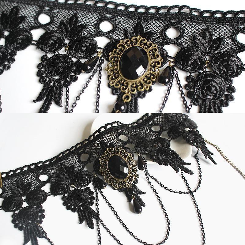 Хэллоуин Женщины Девушка Ретро Готический Панк Стиль Ожерелье Браслеты Черное Кружево Шеи Цепи Воротник Заявление Колье Викторианский Стимпанк Ювелирные Изделия