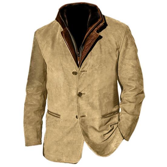 Мужская куртка Осень Зима Ретро Пэчворк Имитация Двухслойности Ложные Карманы Однобортный Кардиган