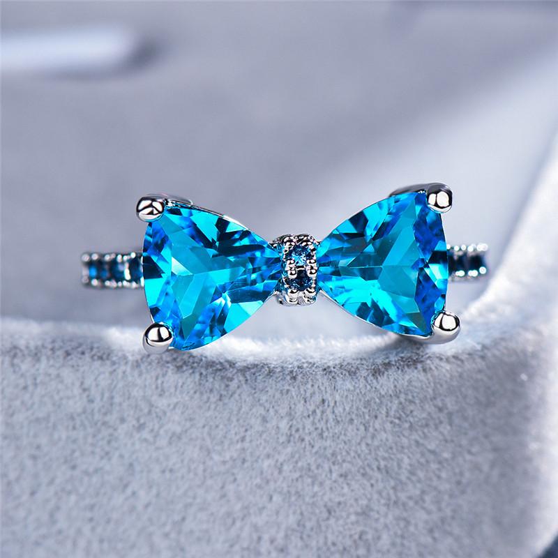 Female Cute Big Bowknot Zircon Stone Ring Color Love Engagement Rings For Women Purple Blue Red Rainbow Wedding Jewelry