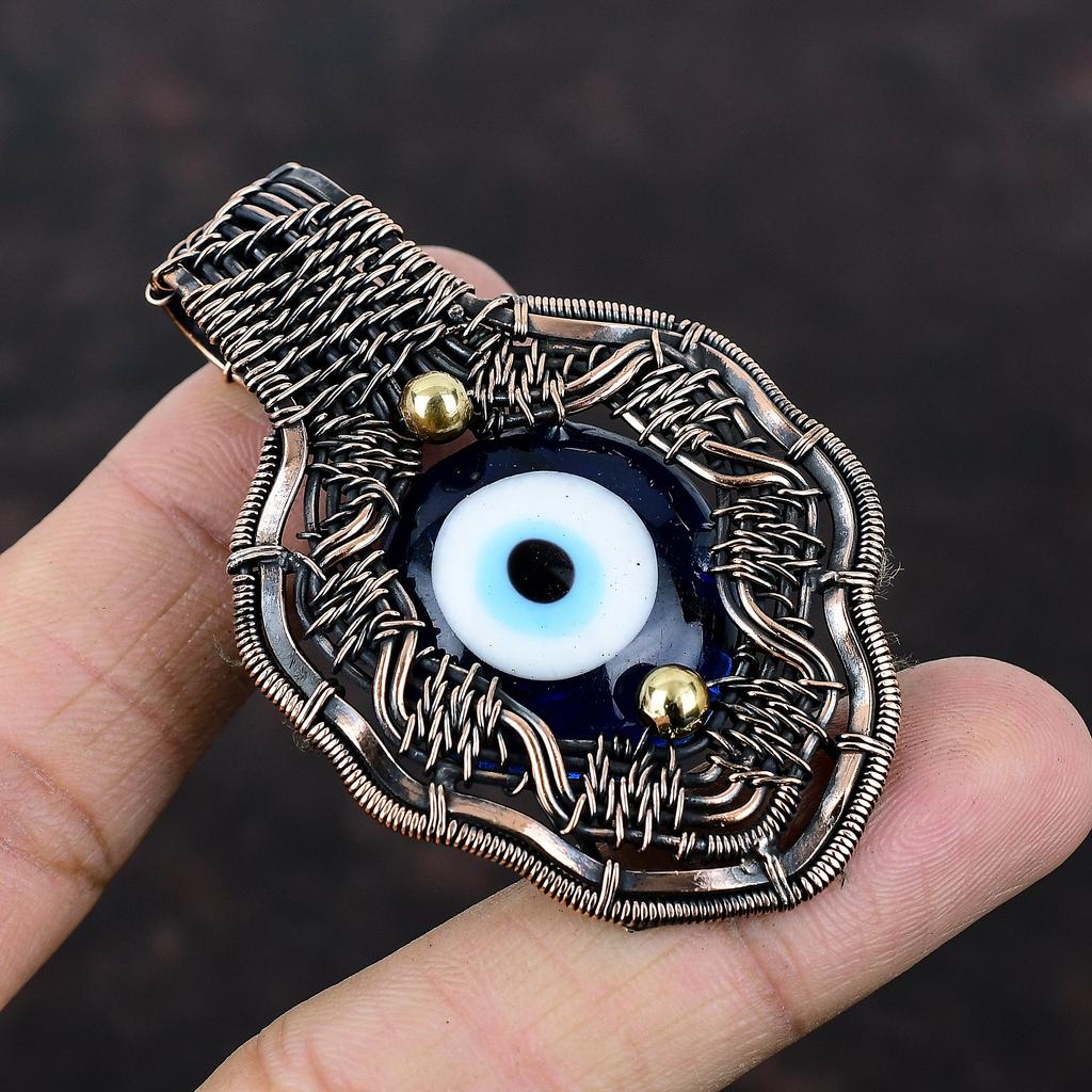 Синий цвет кулон от сглаза, медная проволока, обернутая кулоном, ручная работа, проволочная бижутерия, дизайнерский кулон, подарок для него, драгоценные камни, медные украшения
