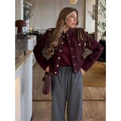 Винтажная бордовая куртка с длинным рукавом для женщин с карманами и круглым вырезом, однобортное пальто, осенняя новинка, женская верхняя одежда для поездок на работу