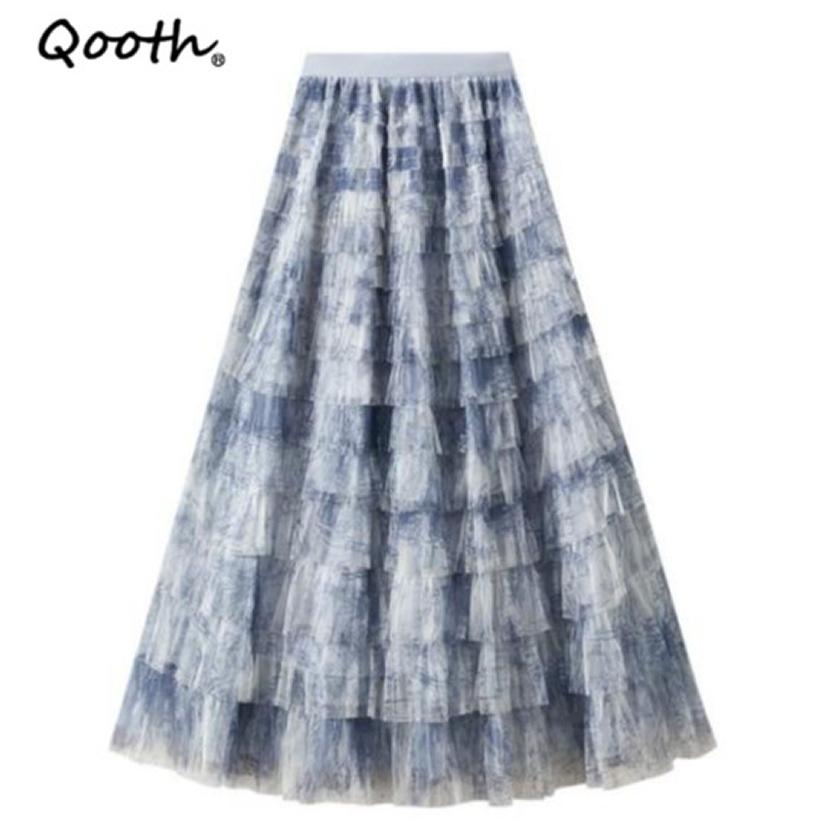 Qooth Женская А-силуэтная юбка из тюля с градиентом и оборками, широкий подол, средней длины, эластичная талия, повседневная юбка QT2636