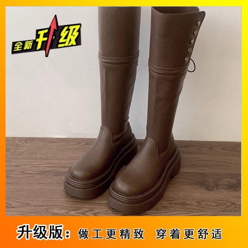 Универсальные, увеличивающие рост и тонкие рыцарские сапоги, черные американские ретро-сапоги на толстом каблуке и платформе, женские, новинка осени 2024 года