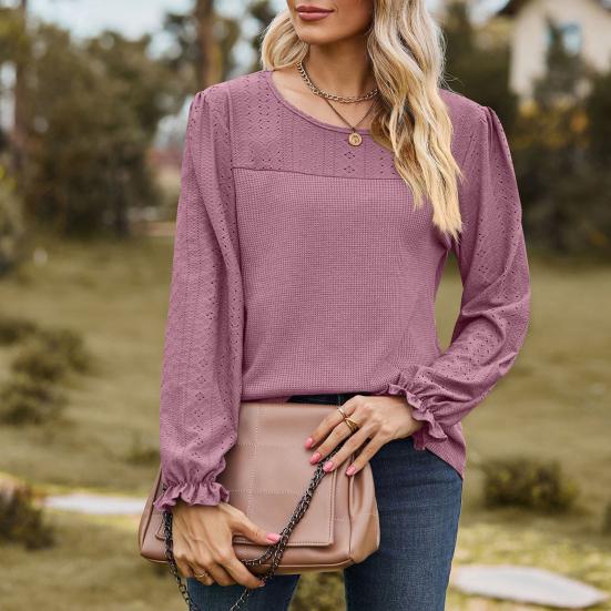 Женские топы с длинным рукавом и круглым вырезом, сетчатые топы, однотонные, дышащие, с рукавами-фонариками, повседневная футболка, повседневная одежда