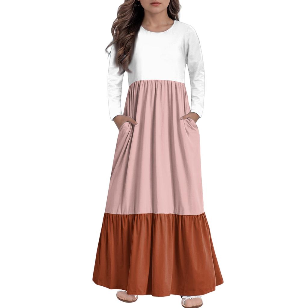 Girls' Maxi Dress Casual Holiday Dresses - Long Sleeve Dress With Pockets For 4-14Y