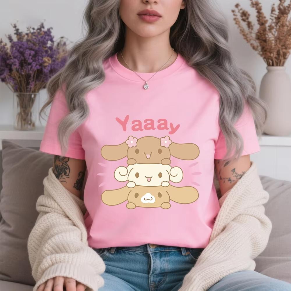 2026 Summer Cinnamoroll Yaaay Stack Print Casual Cotton T Shirt for Women Soft Breathable Daily Wear Summer Top